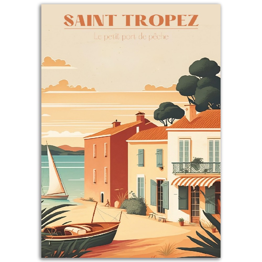 Affiche Saint Tropez - Le Petit Port de pêche - Bateau de pêche - French Riviera - France - Poster - Illustration