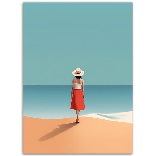 Illustration Minimaliste "La femme et l'océan"- Femme - Femme au chapeau - Bord de plage - France - Poster - Illustration