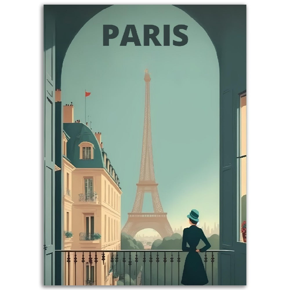 Affiche Paris au Balcon - Dame - Tour Eiffel - France - Poster - Illustration