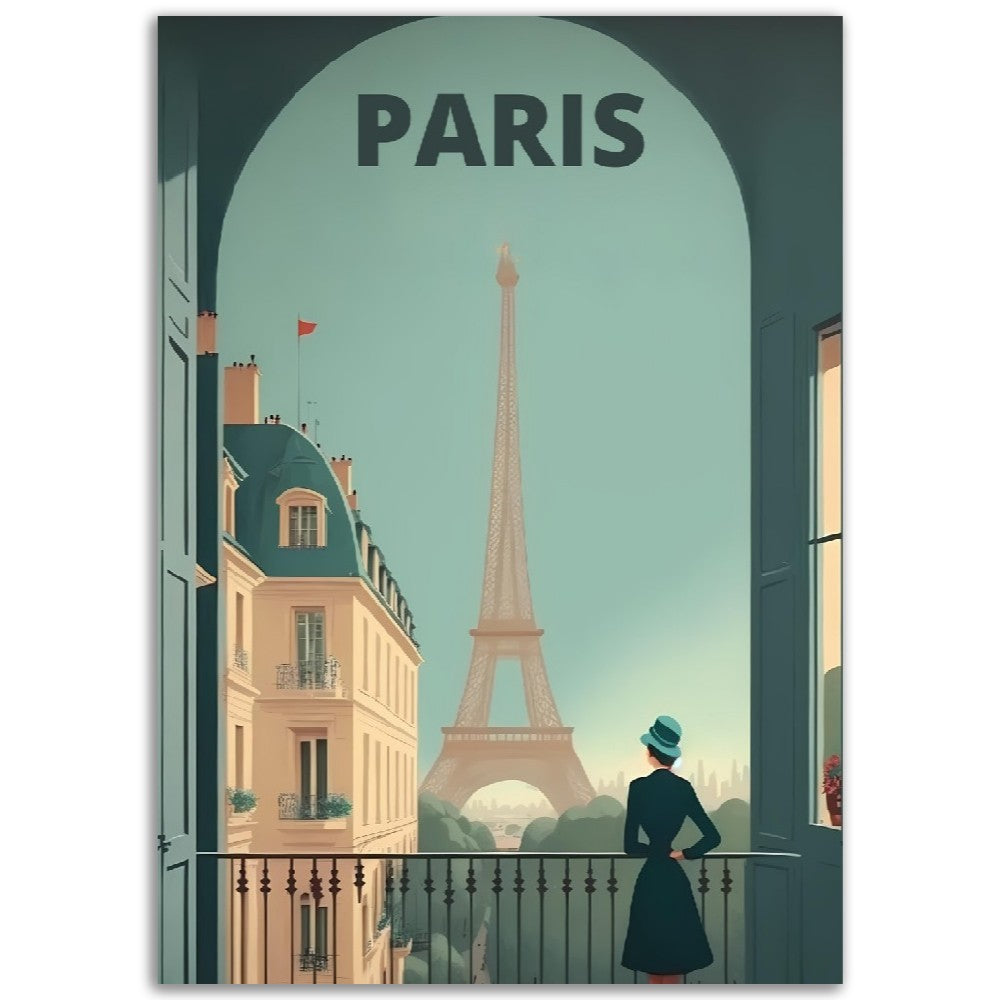 Affiche Paris au Balcon - Dame - Tour Eiffel - France - Poster - Illustration