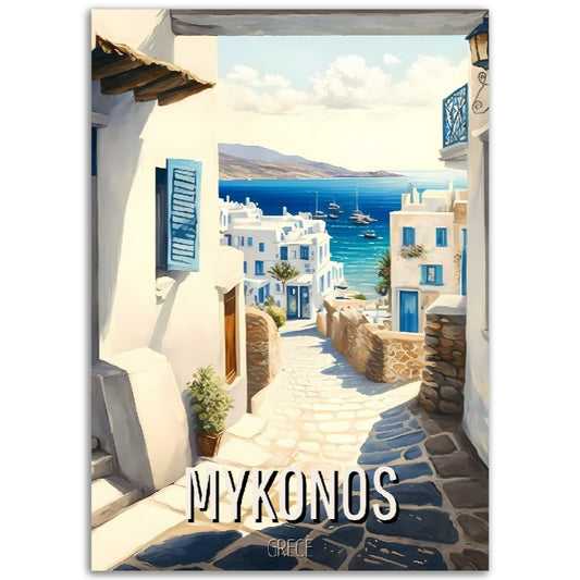 Illustration Mykonos Grèce -  Toute en couleurs - 30x40 cm - Style 1950