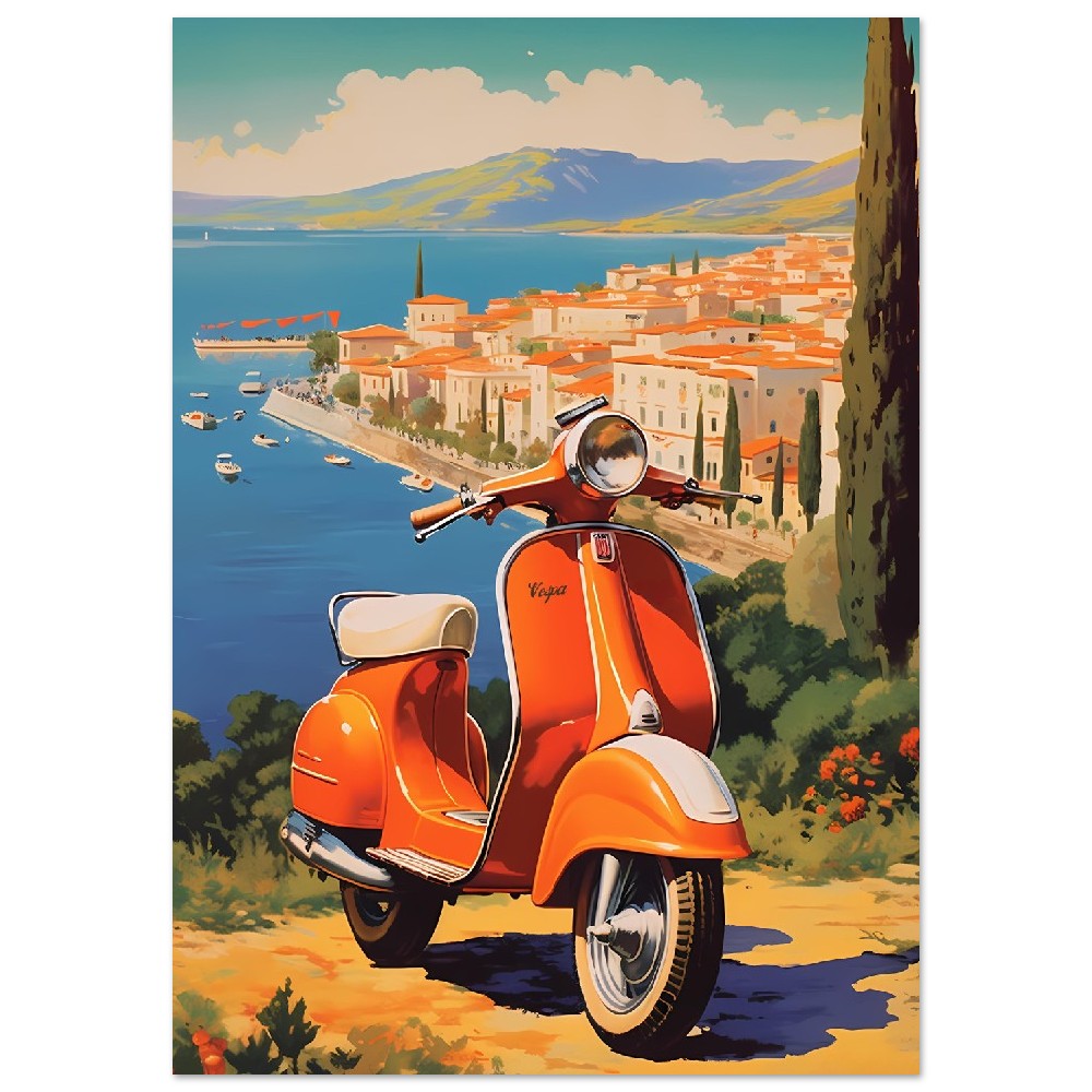 Affiche Vintage Scooter Vespa En Italie avec la mer - Orange - France - Poster - Illustration