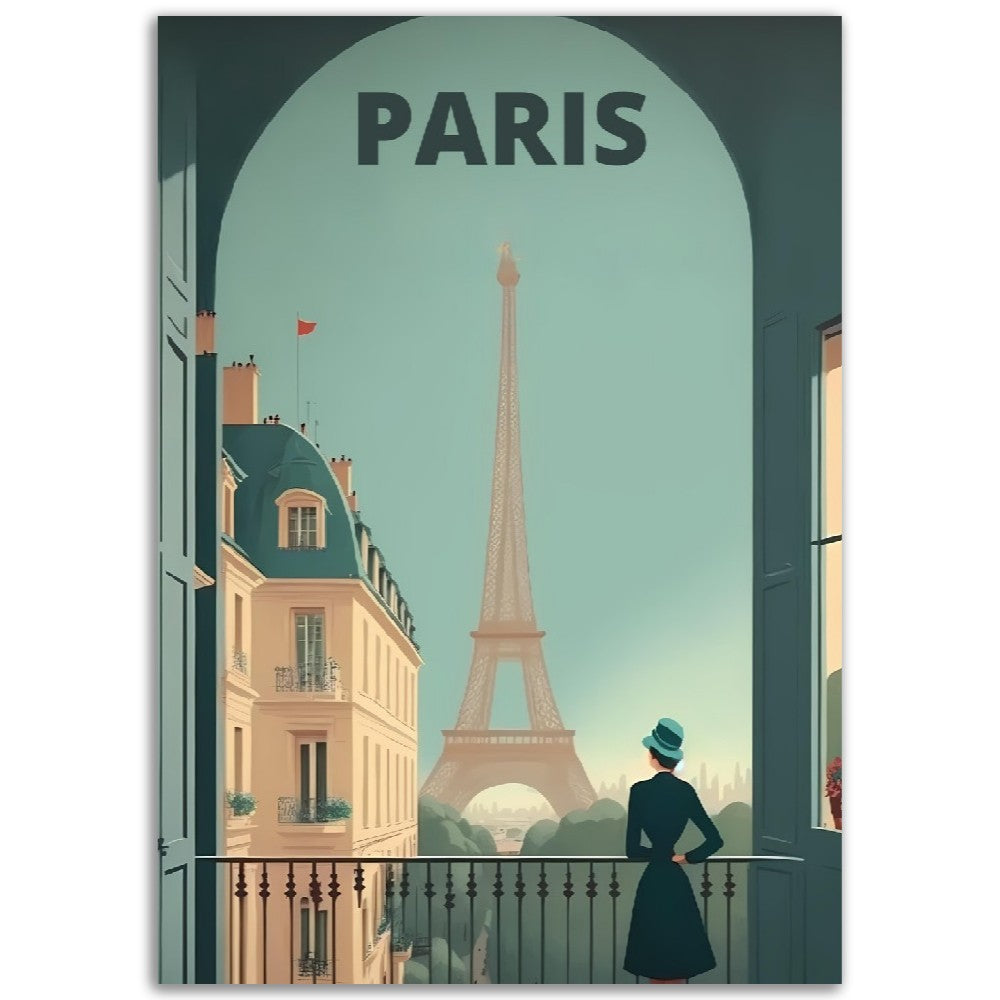 Affiche Paris au Balcon - Dame - Tour Eiffel - France - Poster - Illustration