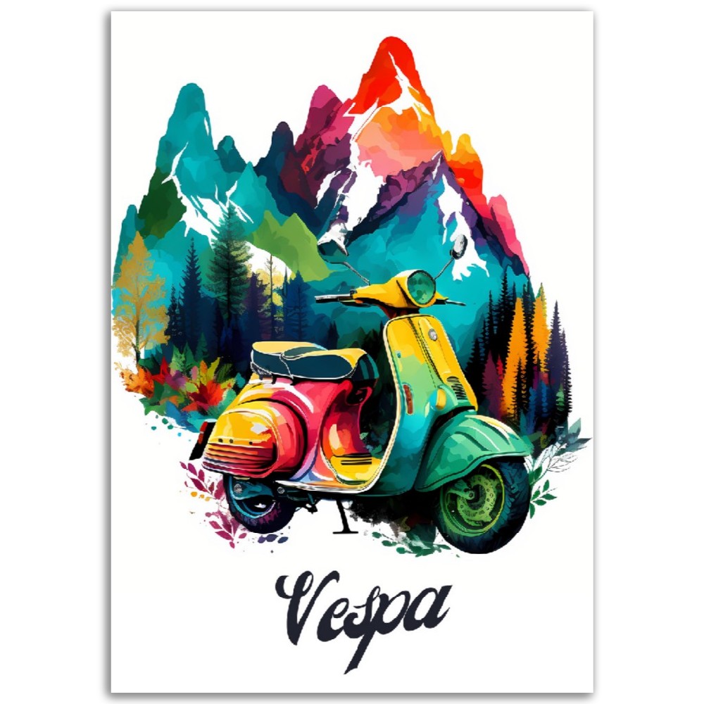 Affiche Scooter Vespa Tout en couleur - Montagne - France - Poster - Illustration