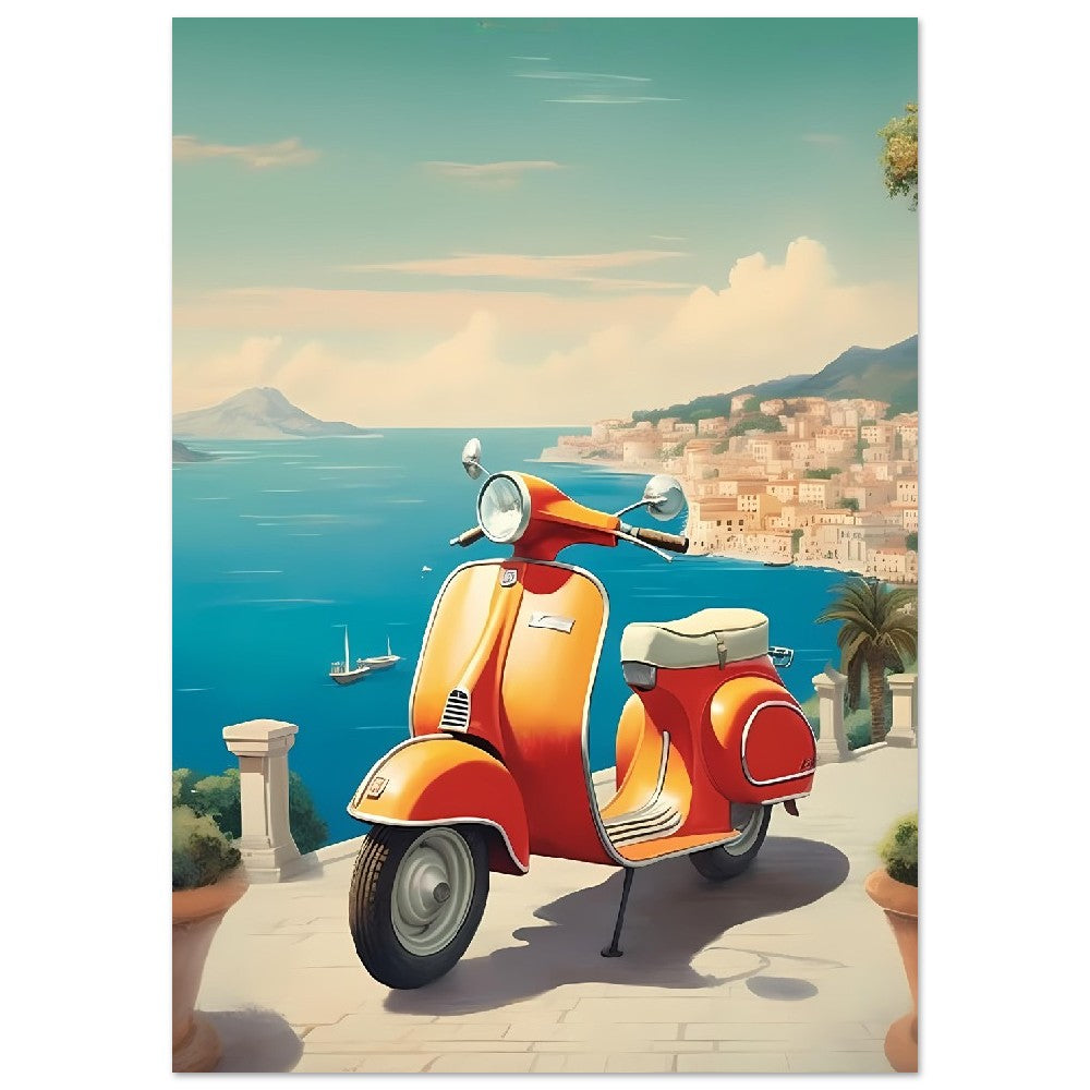 Affiche Scooter Vespa En Italie avec la mer - Orange - France - Poster - Illustration