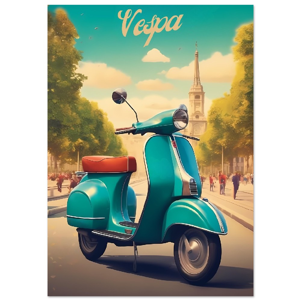 Affiche Vintage Scooter Vespa à Paris - Bleu - France - Poster - Illustration