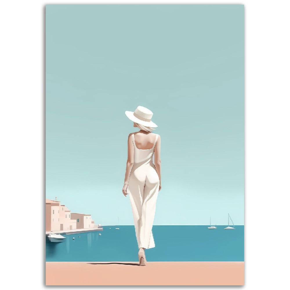 Illustration Minimaliste "La dame de Saint Tropez"- Femme - Femme au chapeau - Bord de mer - France - Poster - Illustration