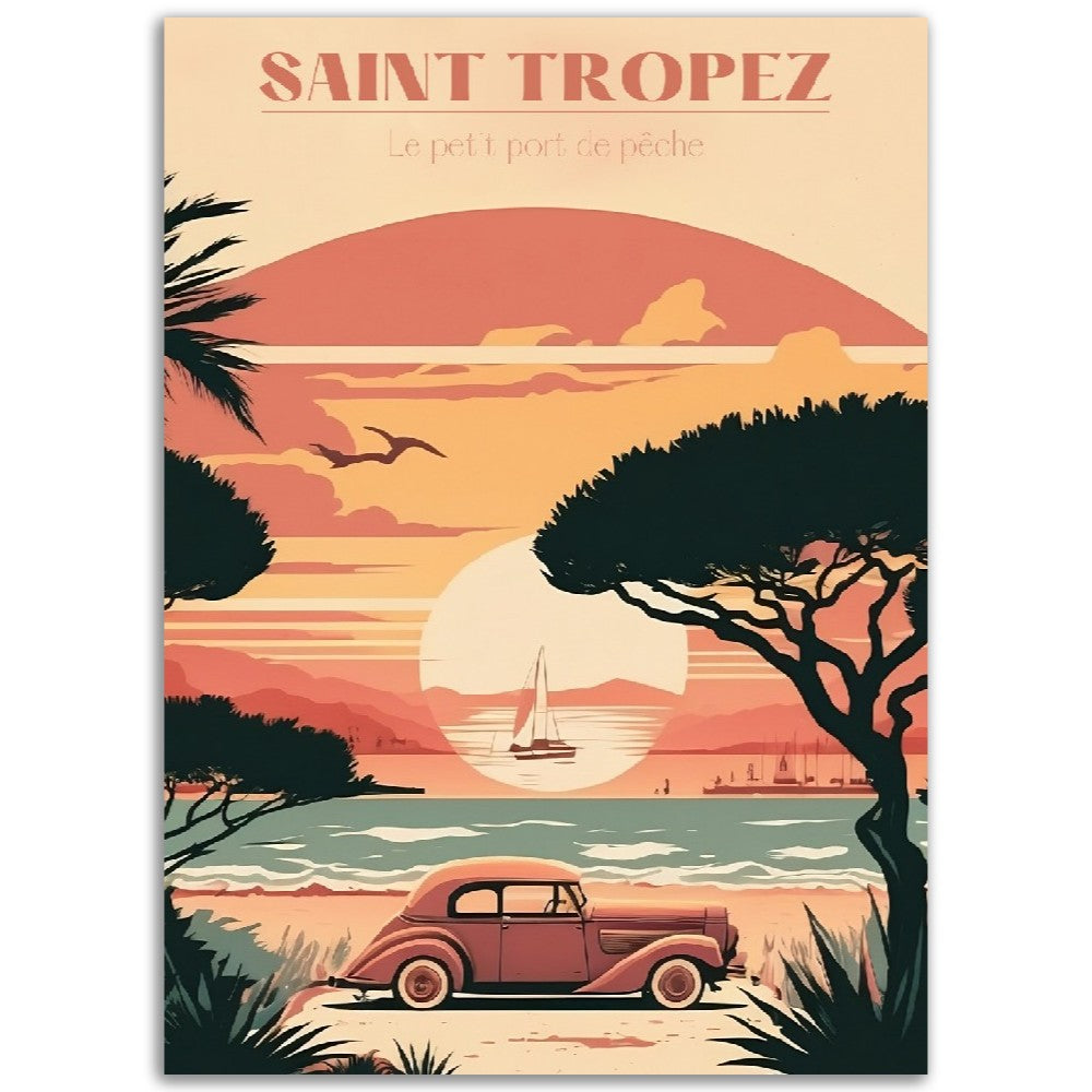 Affiche Saint Tropez - Le Petit Port de pêche - Voiture ancienne - French Riviera - France - Poster - Illustration