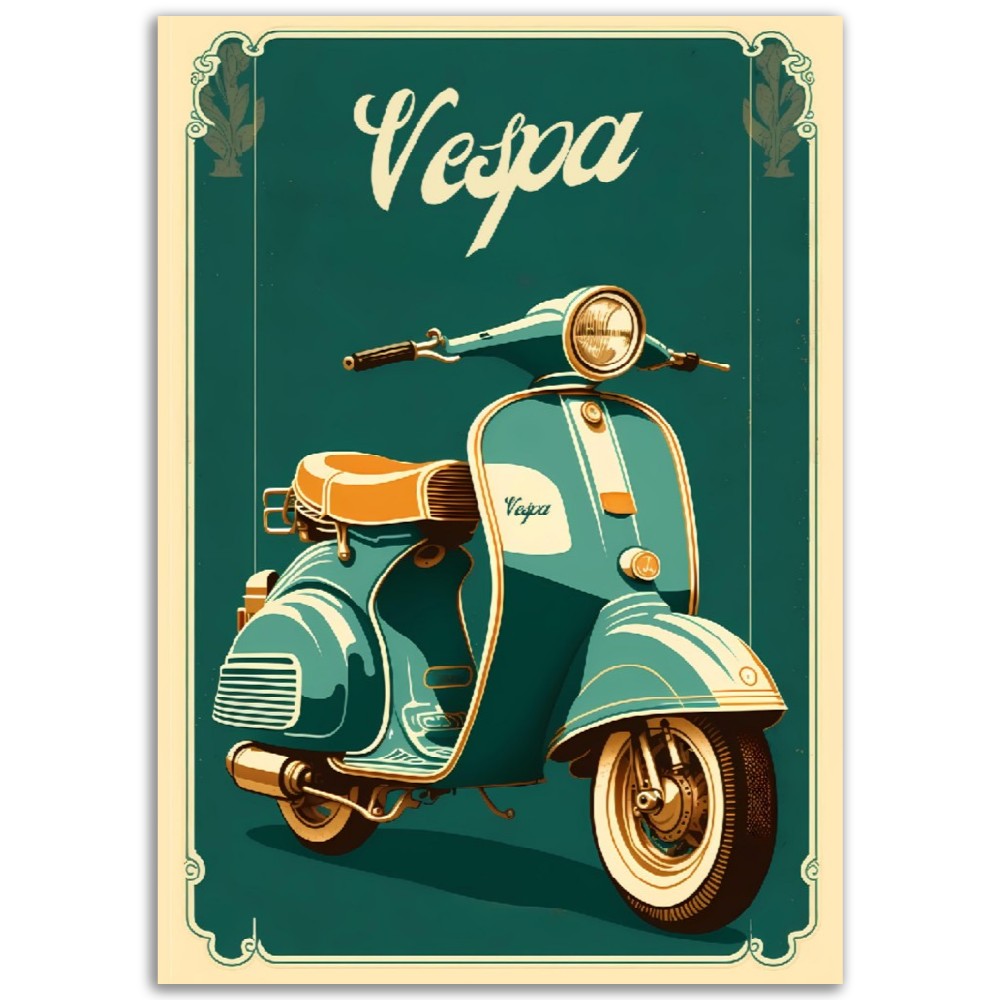 Affiche Vintage Scooter Vespa Bleu et Orange - Italie - Poster - Illustration