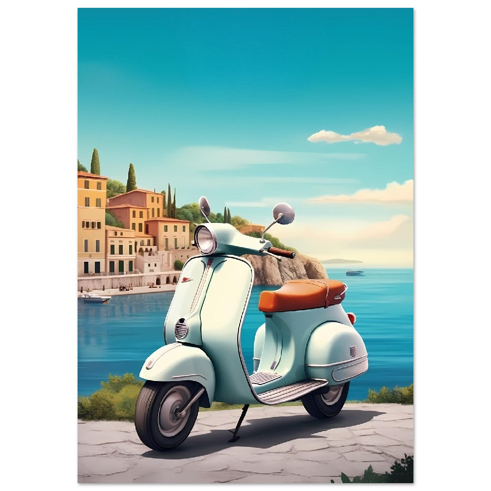 Affiche Scooter Vespa En Italie avec la mer - Gris - France - Poster - Illustration