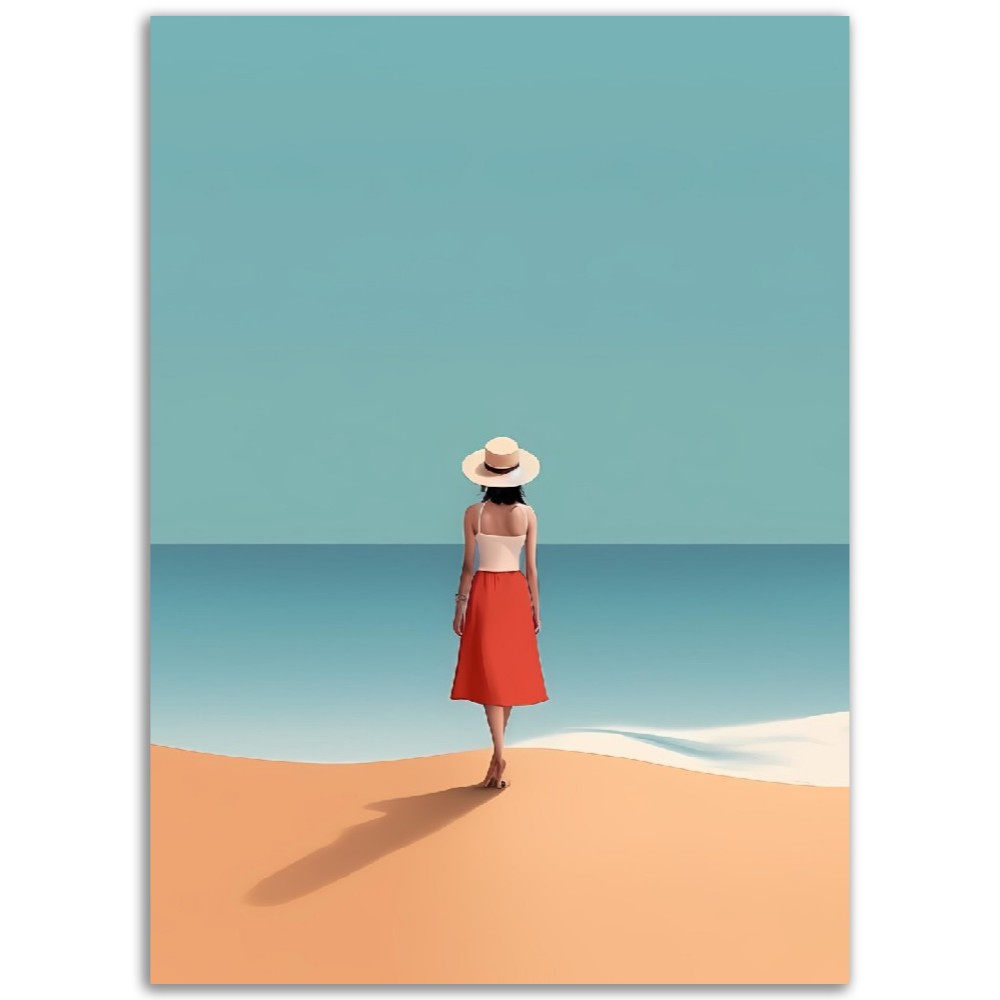 Illustration Minimaliste "La femme et l'océan"- Femme - Femme au chapeau - Bord de plage - France - Poster - Illustration